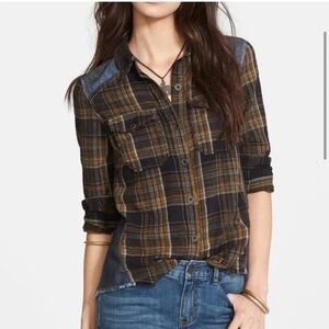 FREE PEOPLE Plaid & Denim Button-Up Shirt